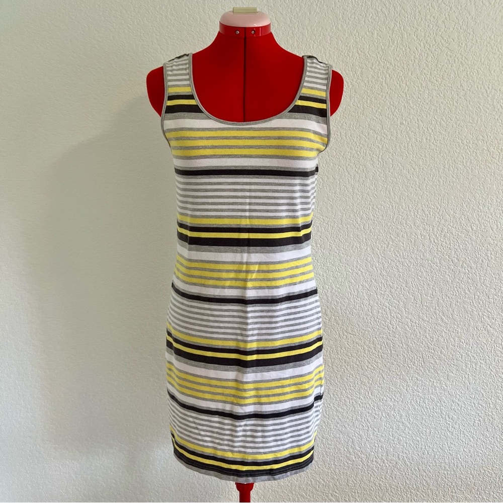 Striped Yellow and Gray Mini Dress Sleeveless Medium